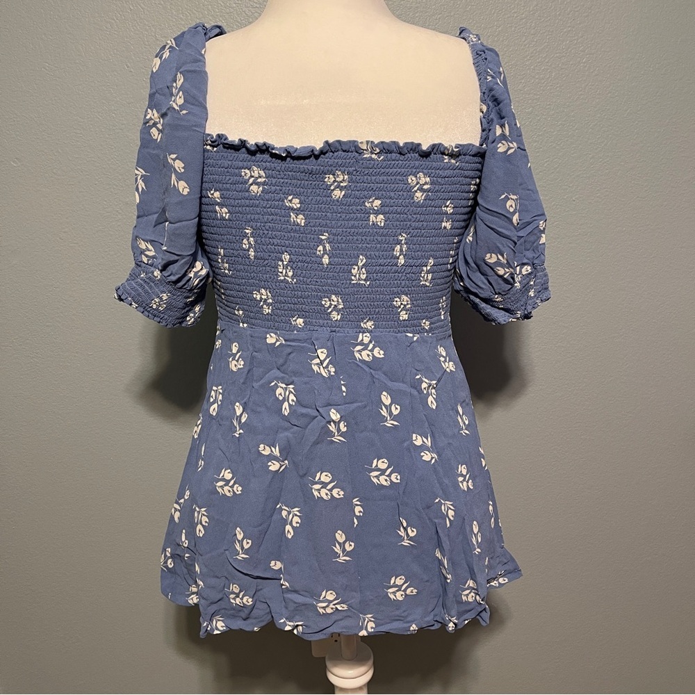 Reformation Blue Floral Smocked Top Puff Sleeve Cottagecore Fairy Prairie Sz 12 - Picture 2 of 9